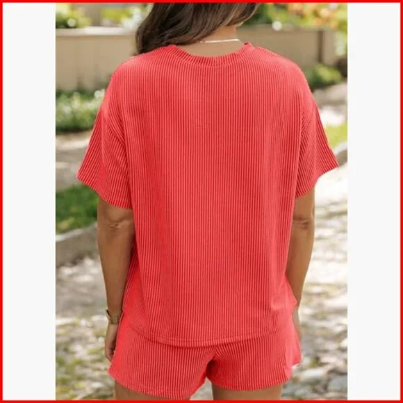 Two Piece Lounge Set Short Sleeve Top High Waisted Shorts with Pockets
